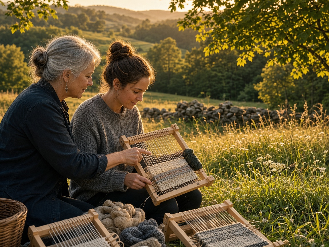 Visitors learning to weave on a Vermont hillside